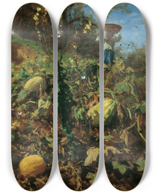 Triptych art skateboard deck of August Von Pettenkofen Der Krbisgarten by August Von Pettenkofen (1822-1889)