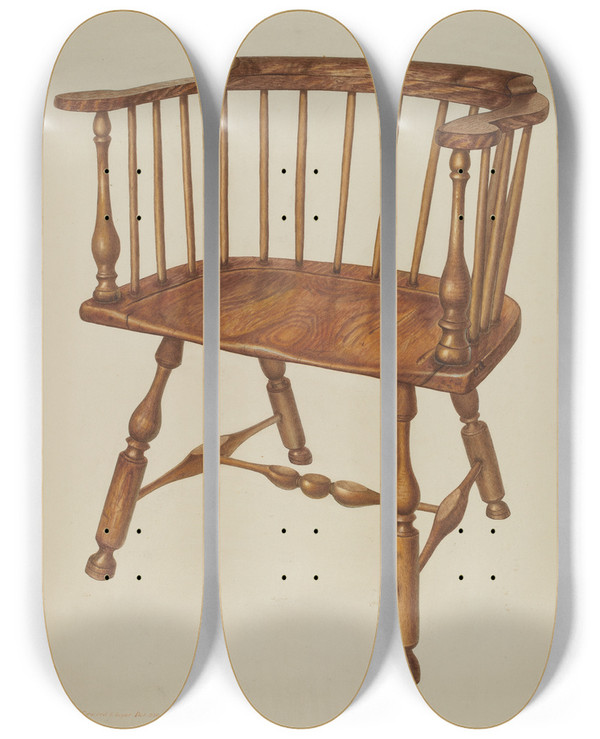 Triptych art skateboard deck of Edward L Loper Lowback Stretcher Chair by Edward L Loper (1916-2011)