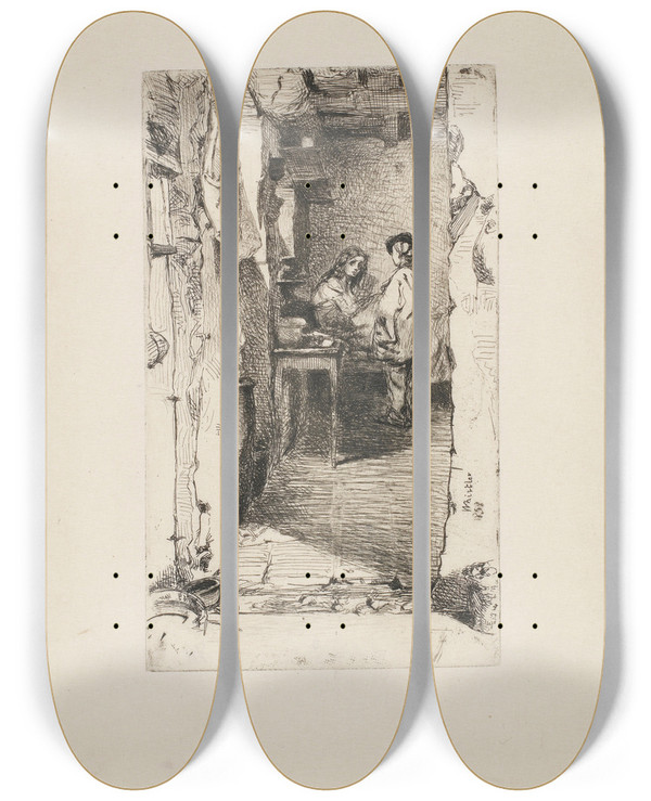 Triptych art skateboard deck of James Abbott Mcneill Whistler Rag Pickers Quartier Mouffetard Paris_2 by James Abbott Mcneill Whistler (1834-1903)