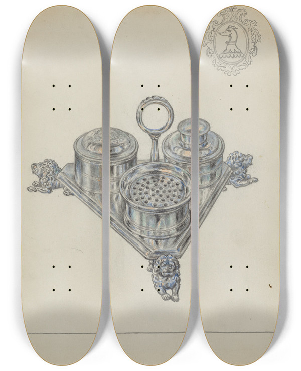 Triptych art skateboard deck of Fletcher Hanks Silver Holder by Fletcher Hanks