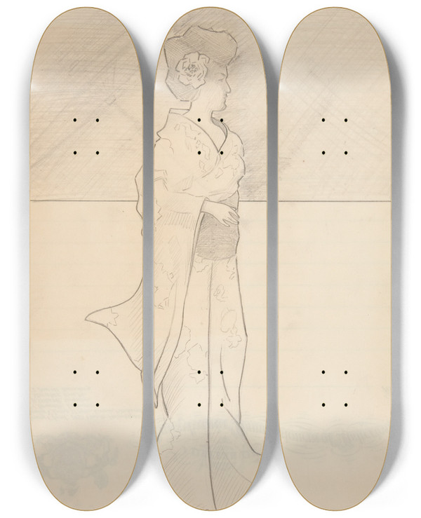Triptych art skateboard deck of Charles Demuth Japaneselady by Charles Demuth (1883-1935)