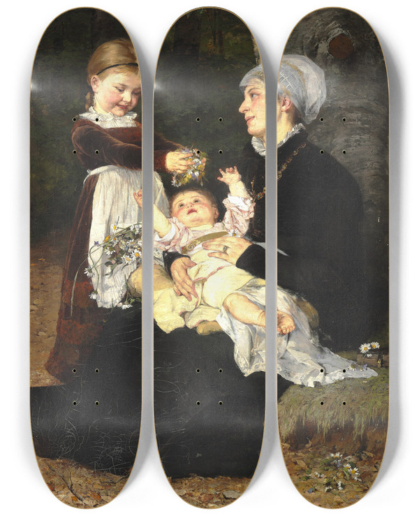 Triptych art skateboard deck of Bertha Wegmann En Ammes Besg by Bertha Wegmann (1847-1926)