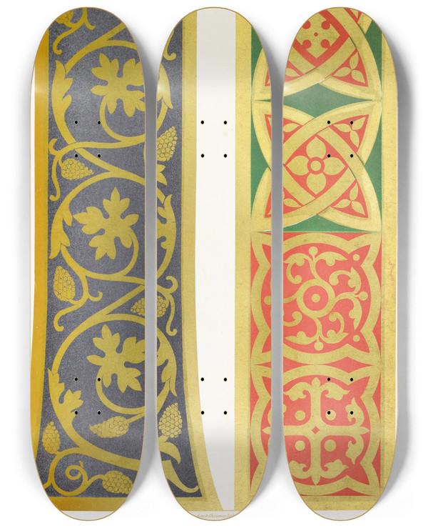 Triptych art skateboard deck of Augustus Pugin Patterns For Stoles And Maniples 1 by Augustus Pugin (1812-1852)