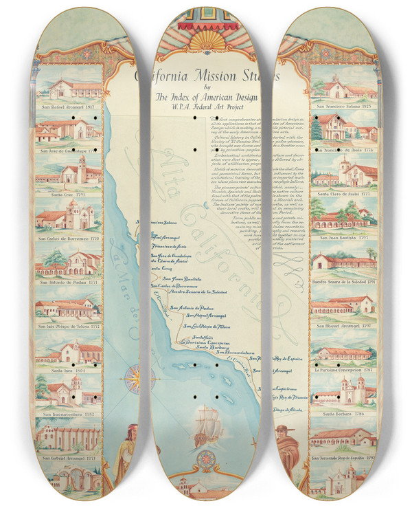 Triptych art skateboard deck of Hal Blakeley Map by Hal Blakeley
