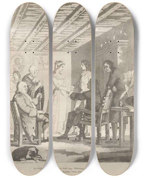 Triptych art skateboard deck of David Allan Sir William Worthys Blessing by David Allan (1744-1796)