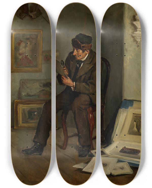Triptych art skateboard deck of Adolf Von Becker The Art Expert by Adolf Von Becker (1831-1909)
