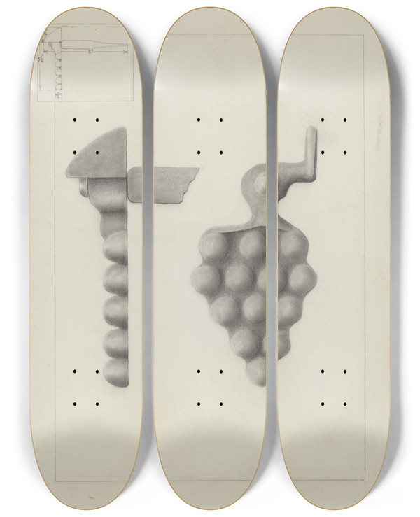 Triptych art skateboard deck of James M Lawson Iron Shutter Fastener by James M Lawson