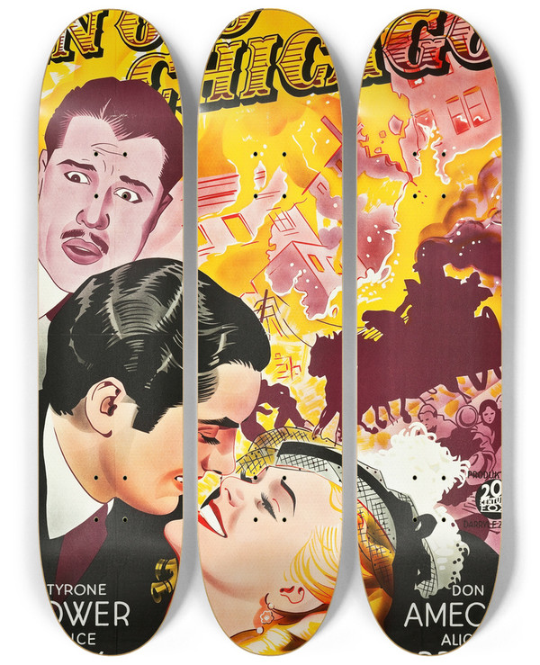 Triptych art skateboard deck of Eric Rohman In Old Chicago by Eric Rohman (1891-1949)
