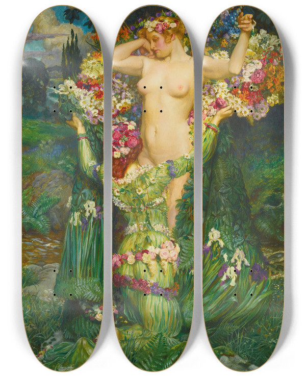 Triptych art skateboard deck of Byam Shaw Rising Spring by Byam Shaw (1872-1919)