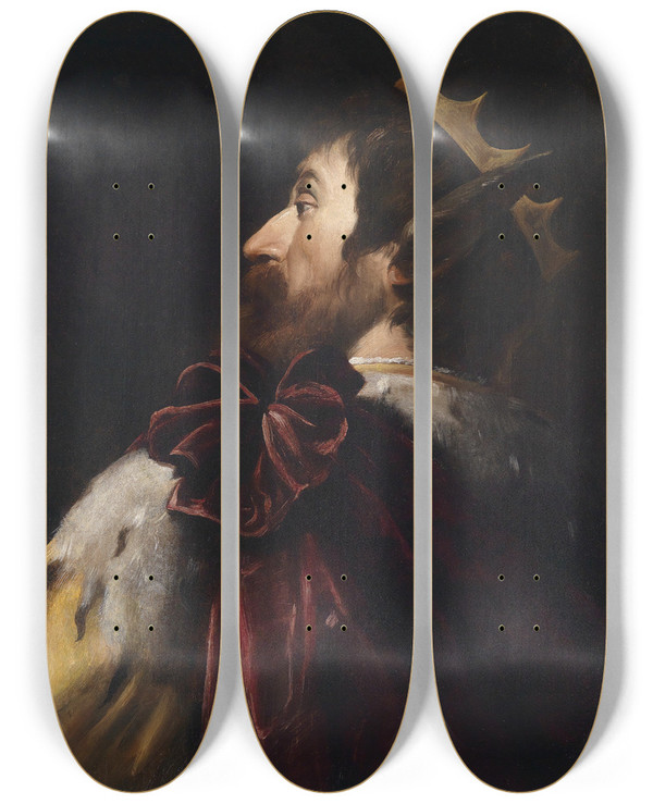Triptych art skateboard deck of Andrea Vaccaro King Midas by Andrea Vaccaro (1604-1670)