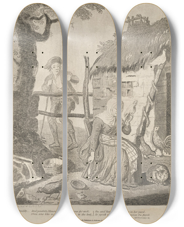 Triptych art skateboard deck of David Allan Bauldy And Mause by David Allan (1744-1796)