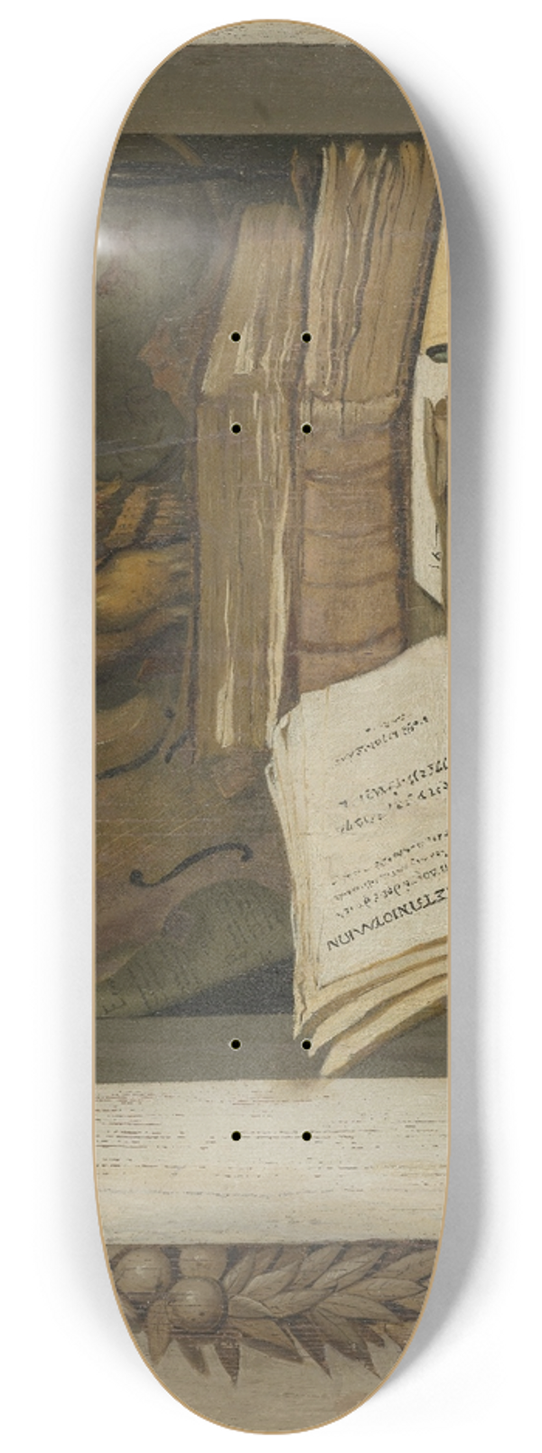 Jacob van Campen - Still Life with Books, Sheet Music, Violin, Celestial Globe and an Owl 8.25 inch art skate deck