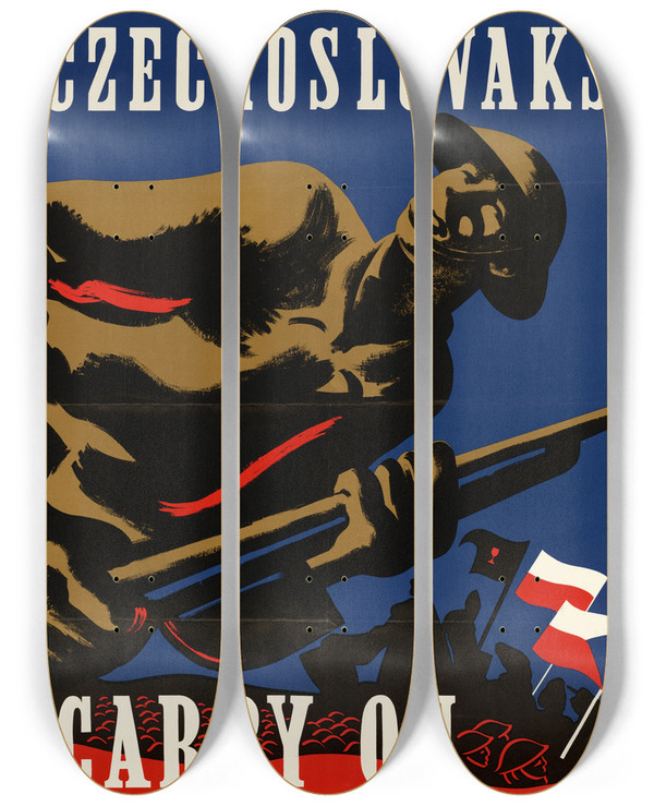 Triptych art skateboard deck of A T Peel Czechoslovaks Carry On by A T Peel
