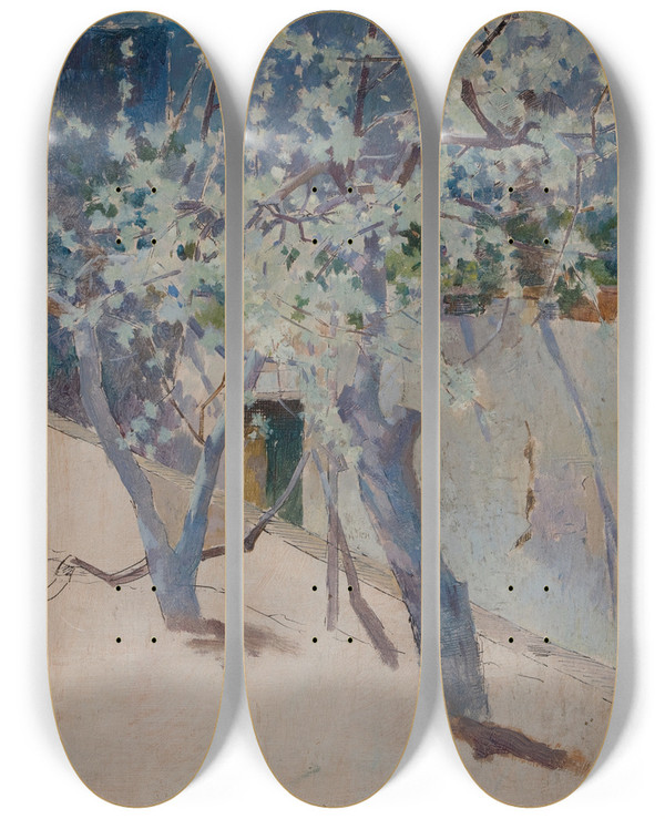Triptych art skateboard deck of George Randolph Barse Tree Capri by George Randolph Barse (1861-1938)