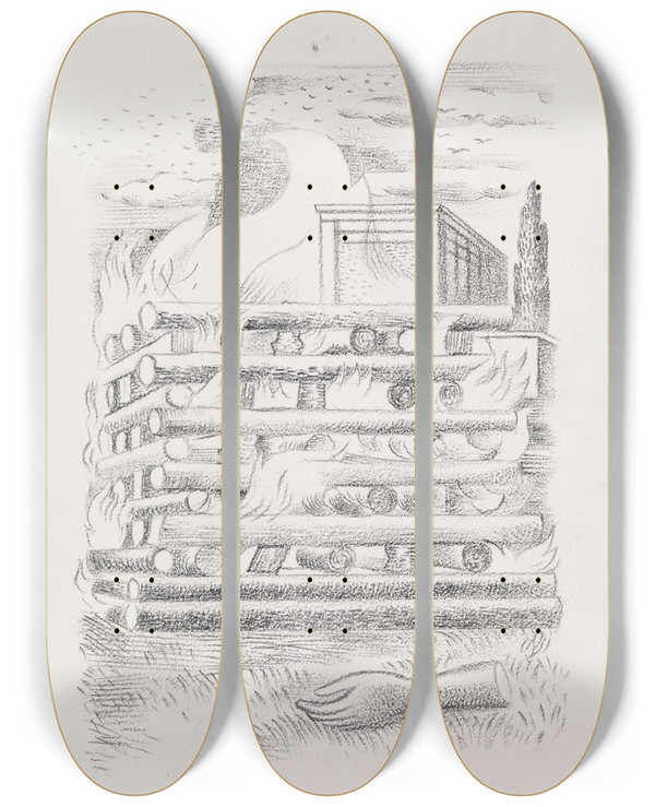 Triptych art skateboard deck of Paul Nash Funeral Pyre by Paul Nash (1889-1946)