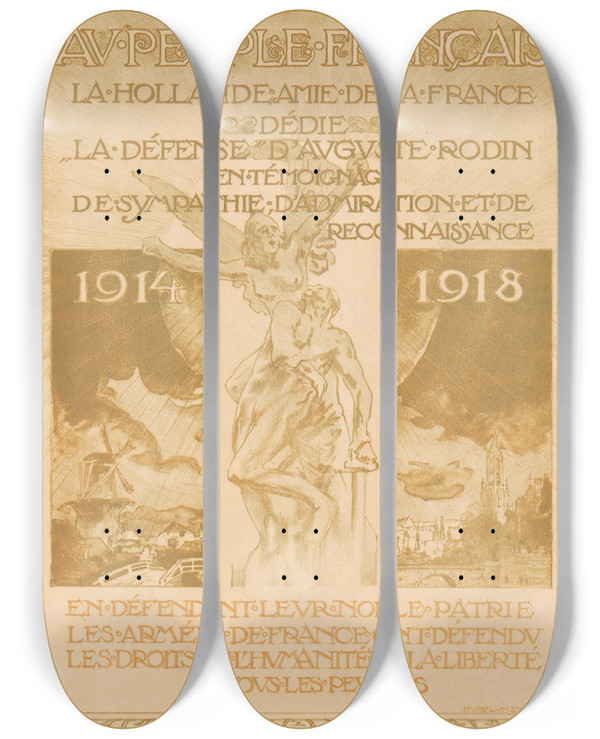 Triptych art skateboard deck of Huib Luns Au Peuple Franais by Huib Luns (1881-1942)