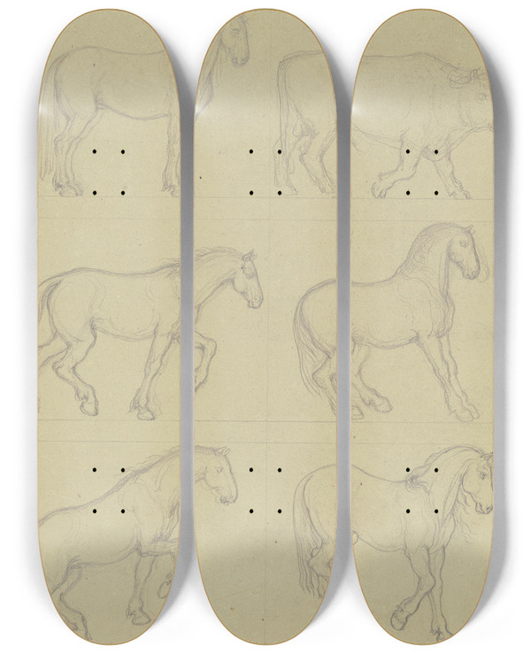 Triptych art skateboard deck of Ferdinand Fellner Studienblatt Fnf Pferde Und Ein Rind by Ferdinand Fellner (1799-1859)