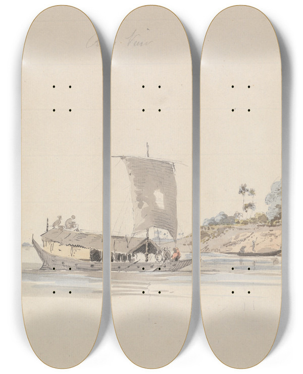 Triptych art skateboard deck of Samuel Davis River View With A Junk Near Rajmahal by Samuel Davis (1757-1819)