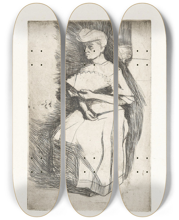 Triptych art skateboard deck of Umberto Boccioni Donna Con Ventaglio by Umberto Boccioni (1882-1916)