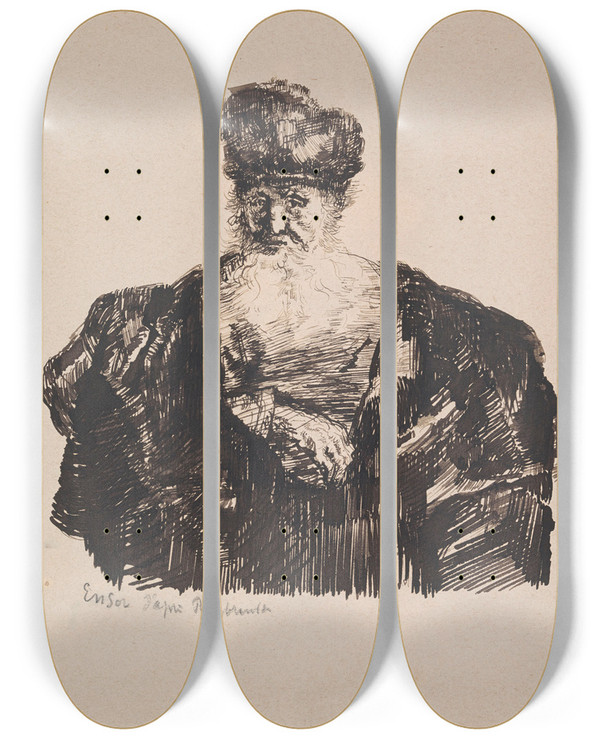 Triptych art skateboard deck of James Ensor Old Man With Flowing Beard by James Ensor (1860-1949)