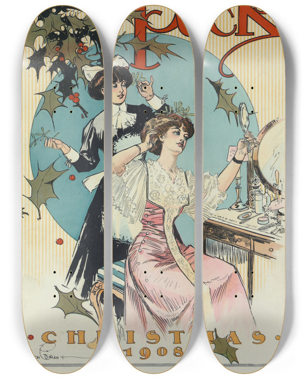 Triptych art skateboard deck of Gordon Grant Puck Christmas 1908 by Gordon Grant (1875-1962)