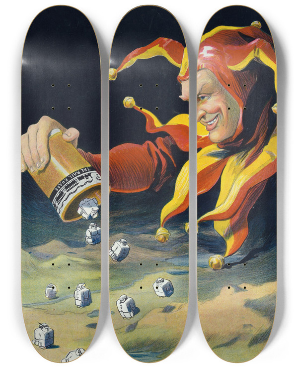 Triptych art skateboard deck of Louis Glackens The Annual Scatter by Louis Glackens (1866-1933)