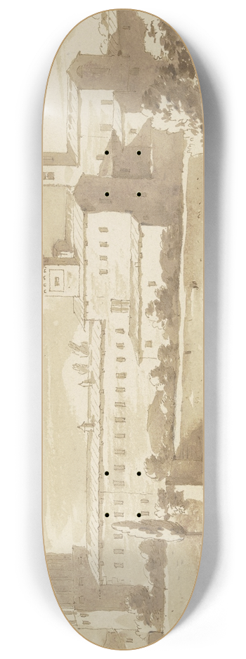 Jacob van der Ulft - Italienisches Kloster hinter hohen Mauern, die Turmruine der Torre delle Millizie in Rom nachempfunden 8.25 inch art skate deck