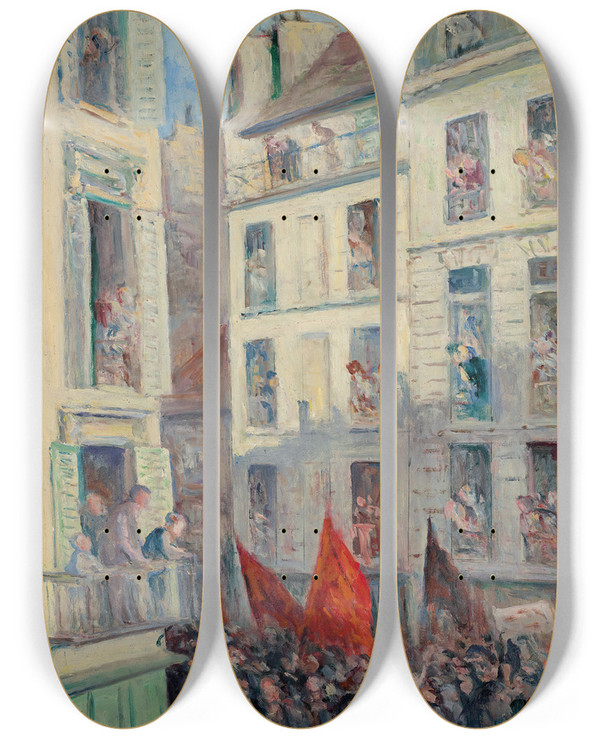 Triptych art skateboard deck of Maximilien Luce Le Front Populaire by Maximilien Luce (1858-1941)