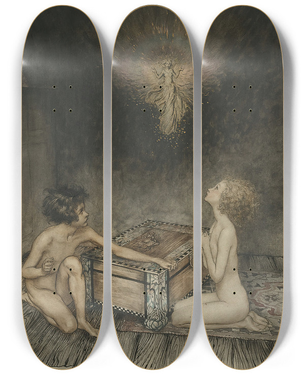Triptych art skateboard deck of Arthur Rackham Pandora And Epimetheus by Arthur Rackham (1867-1939)