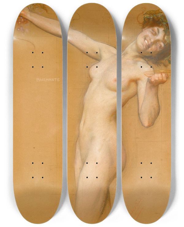 Triptych art skateboard deck of Herbert James Draper Bacchante Study For The Vintage Morn by Herbert James Draper (1864-1920)