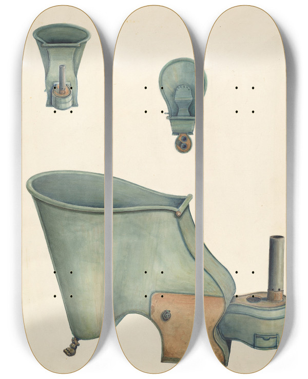 Triptych art skateboard deck of Al Curry Portable Bath Tub by Al Curry (20-)