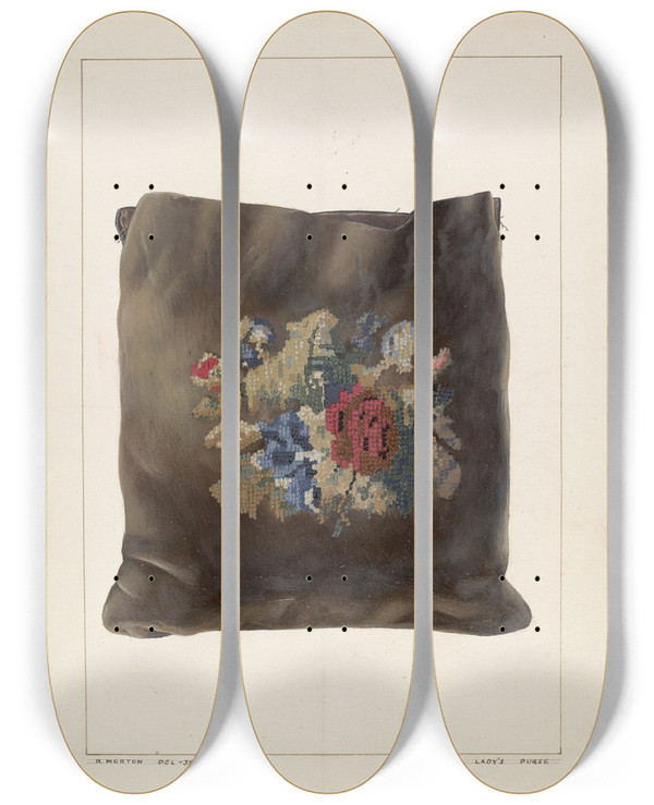 Triptych art skateboard deck of Ralph Morton Purse by Ralph Morton