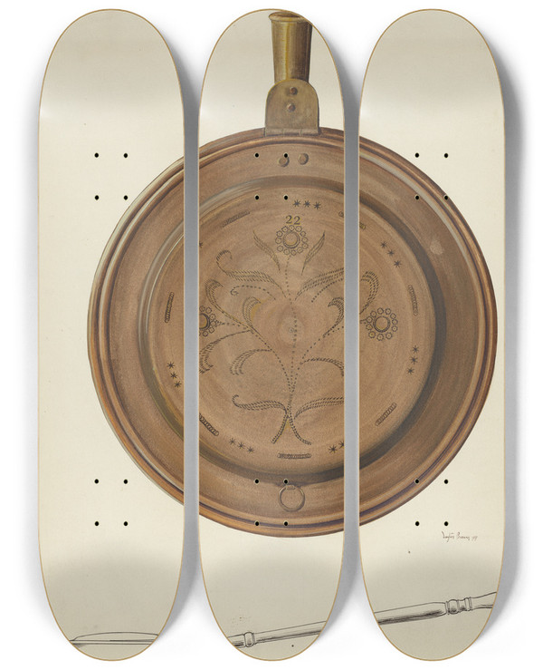 Triptych art skateboard deck of Dayton Brown Warming Pan by Dayton Brown