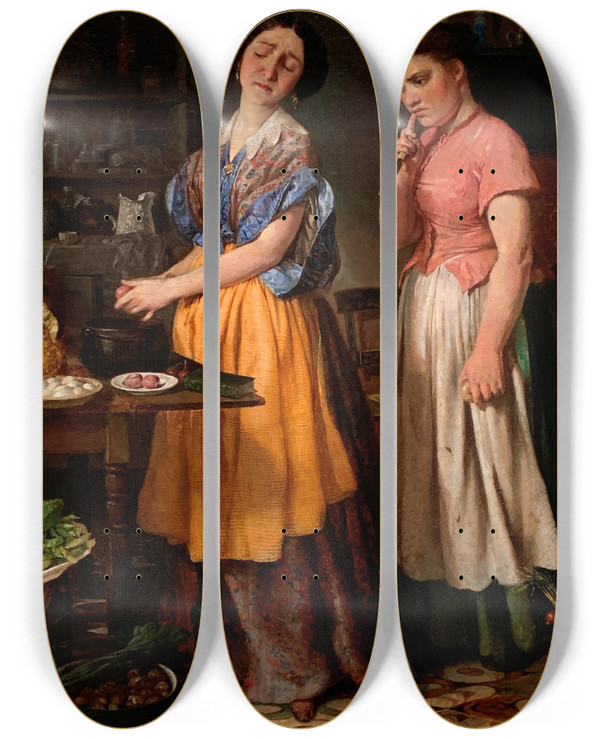 Triptych art skateboard deck of Lilly Martin Spencer Young Wife First Stew by Lilly Martin Spencer (1822-1902)