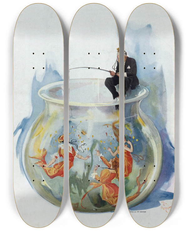 Triptych art skateboard deck of Henry Mayer Goldfishing by Henry Mayer (1868-1954)