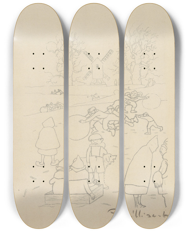 Triptych art skateboard deck of Lon Spilliaert Jeu De Neige Devant Le Moulin_2 by Leon Spilliaert (1881-1946)