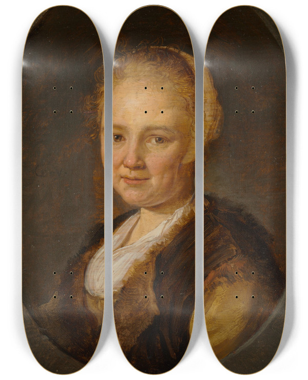 Triptych art skateboard deck of Gerrit Dou A Young Woman by Gerrit Dou (1613-1675)