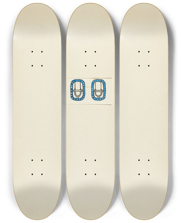 Triptych art skateboard deck of Charles Criswell Neck Buckle by Charles Criswell