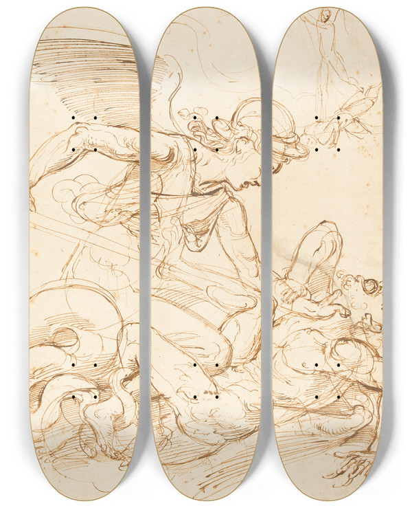 Triptych art skateboard deck of Giulio Romano Saint Michael by Giulio Romano (1492-1546)