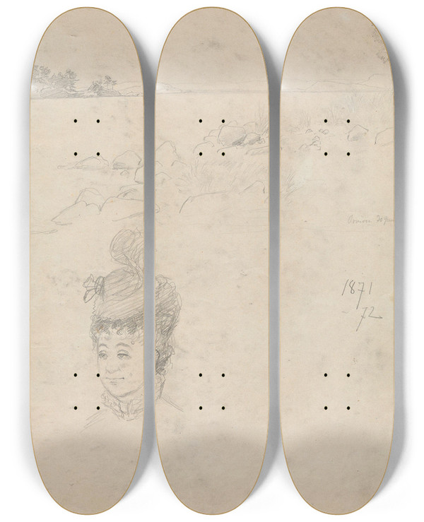 Triptych art skateboard deck of Hans Gude Fra Ormya Kvinnehode by Hans Gude (1825-1903)