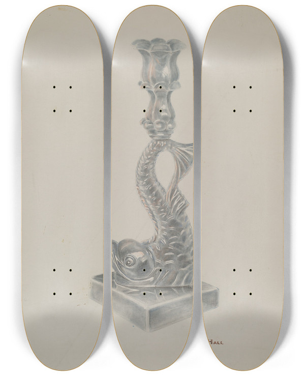 Triptych art skateboard deck of John Hall Glass Candlestick by John Hall