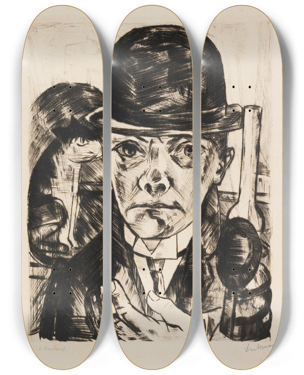 Triptych art skateboard deck of Max Beckmann Selbstbildnis Mit Steifem Hut_1 by Max Beckmann (1884-1950)
