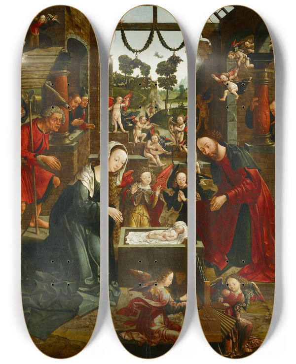 Triptych art skateboard deck of Jacob Cornelisz Van Oostsanen Nativity by Jacob Cornelisz Van Oostsanen (1470-1533)