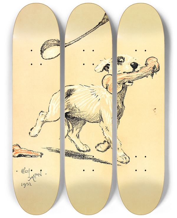 Triptych art skateboard deck of Cecil Charles Windsor Aldin A Dog Day Pl 22 by Cecil Charles Windsor Aldin (1870-1935)