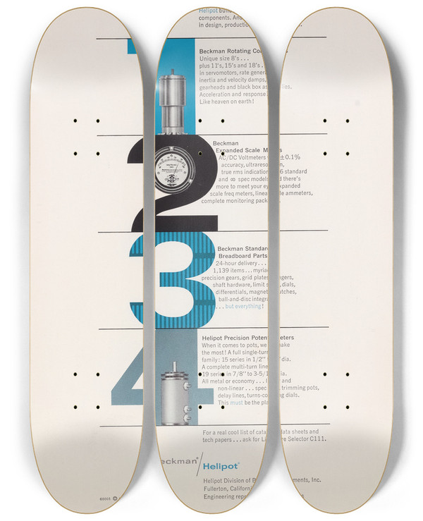 Triptych art skateboard deck of Beckman Instruments Four Count Em Four by Beckman Instruments (20-)