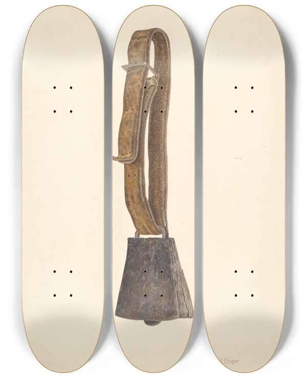 Triptych art skateboard deck of Max Unger Cow Bell by Max Unger