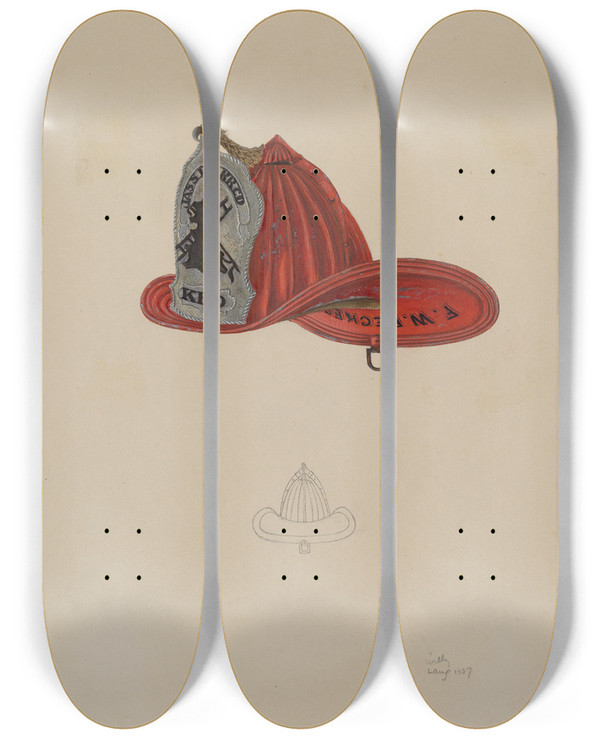 Triptych art skateboard deck of William Lang Firemans Hat by William Lang