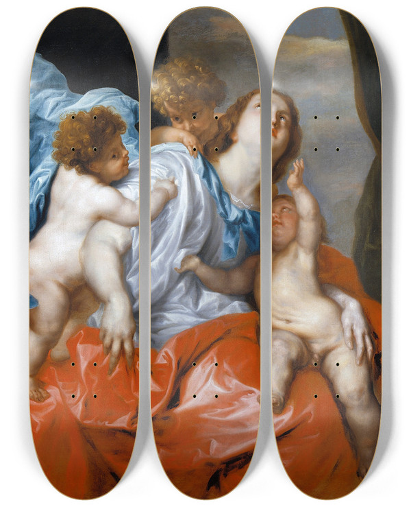 Triptych art skateboard deck of Anthony Van Dyck Charity by Anthony Van Dyck (1599-1641)