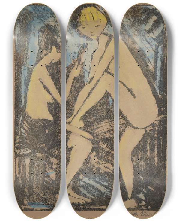 Triptych art skateboard deck of Otto Mueller Zwei Mdchen Mit Handspiegel I by Otto Mueller (1874-1930)