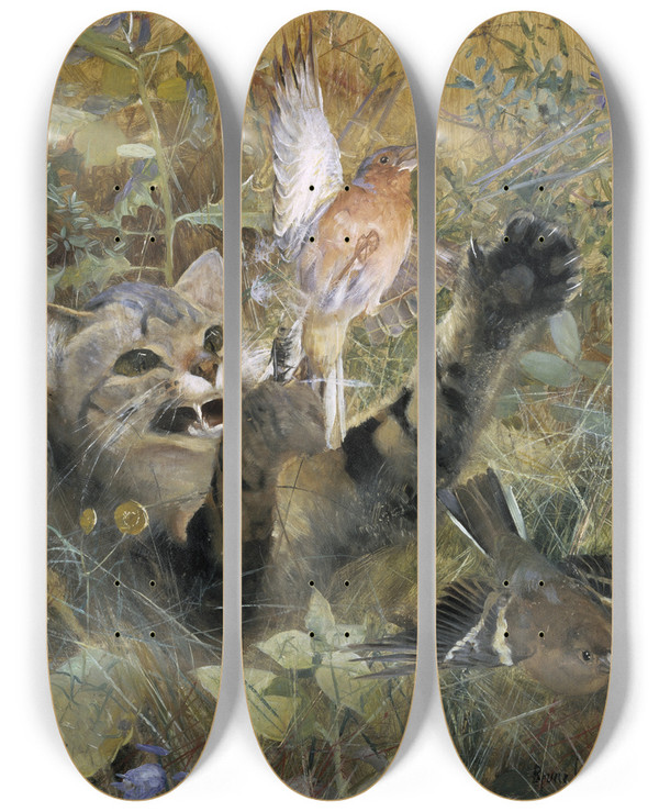 Triptych art skateboard deck of Bruno Liljefors A Cat And A Chaffinch by Bruno Liljefors (1860-1939)